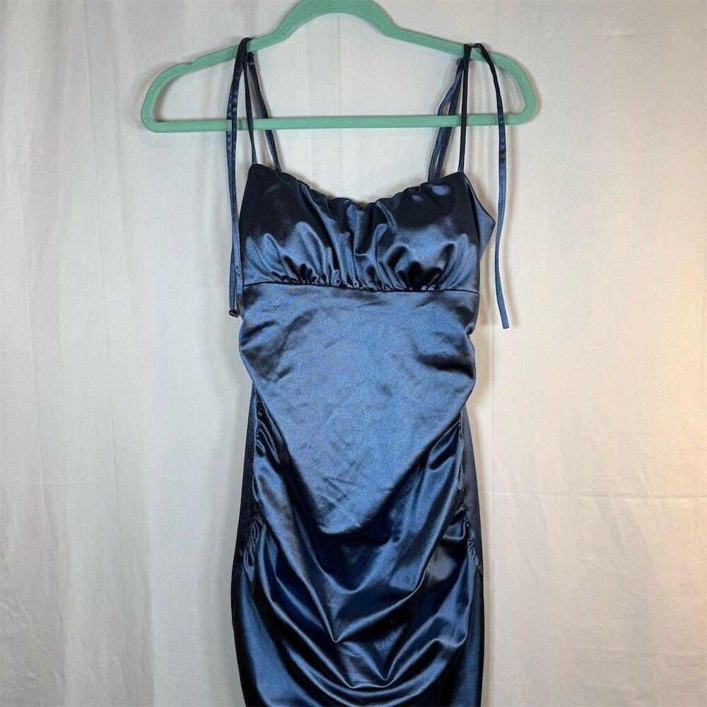 Womens Honey and Rosie Bodycon Mini Dress Size M Blue Ruched Sweetheart